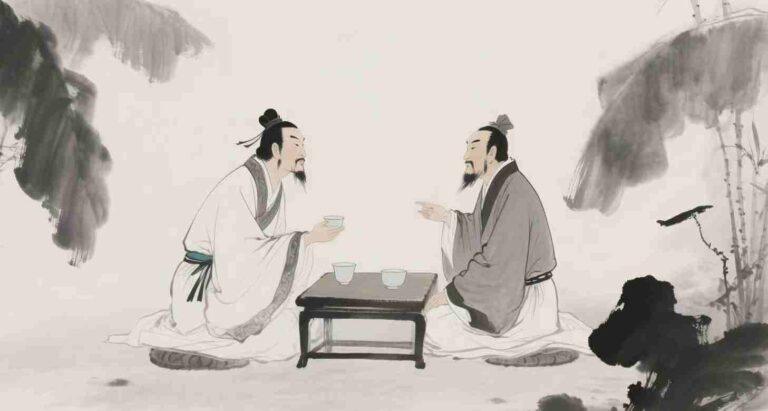 Chinese ink painting of two ancient poets drinking tea, one Tang dynasty style, one Song dynasty style